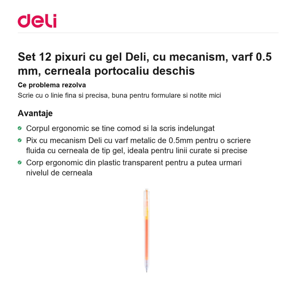 Set 12 pixuri cu gel Deli, cu mecanism, varf 0.5 mm, cerneala portocaliu deschis [2]