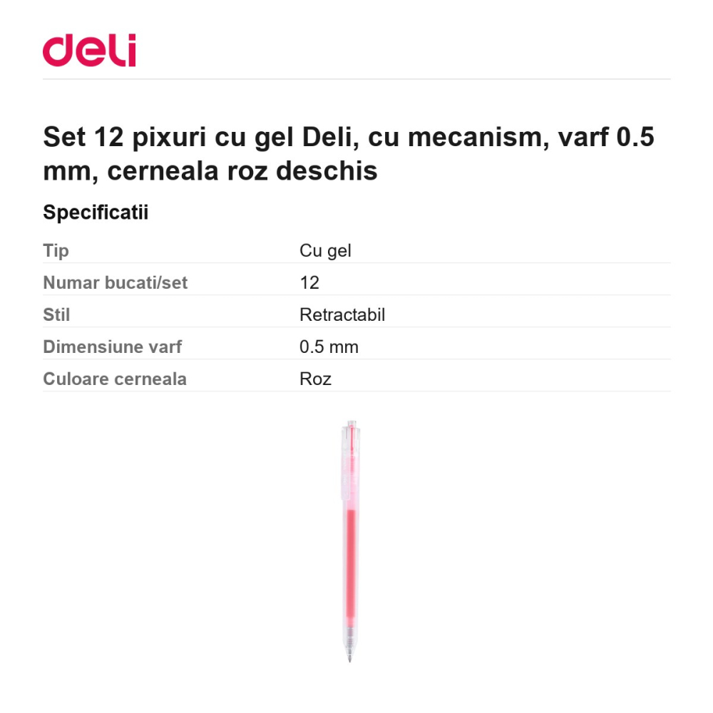 Set 12 pixuri cu gel Deli, cu mecanism, varf 0.5 mm, cerneala roz deschis [3]