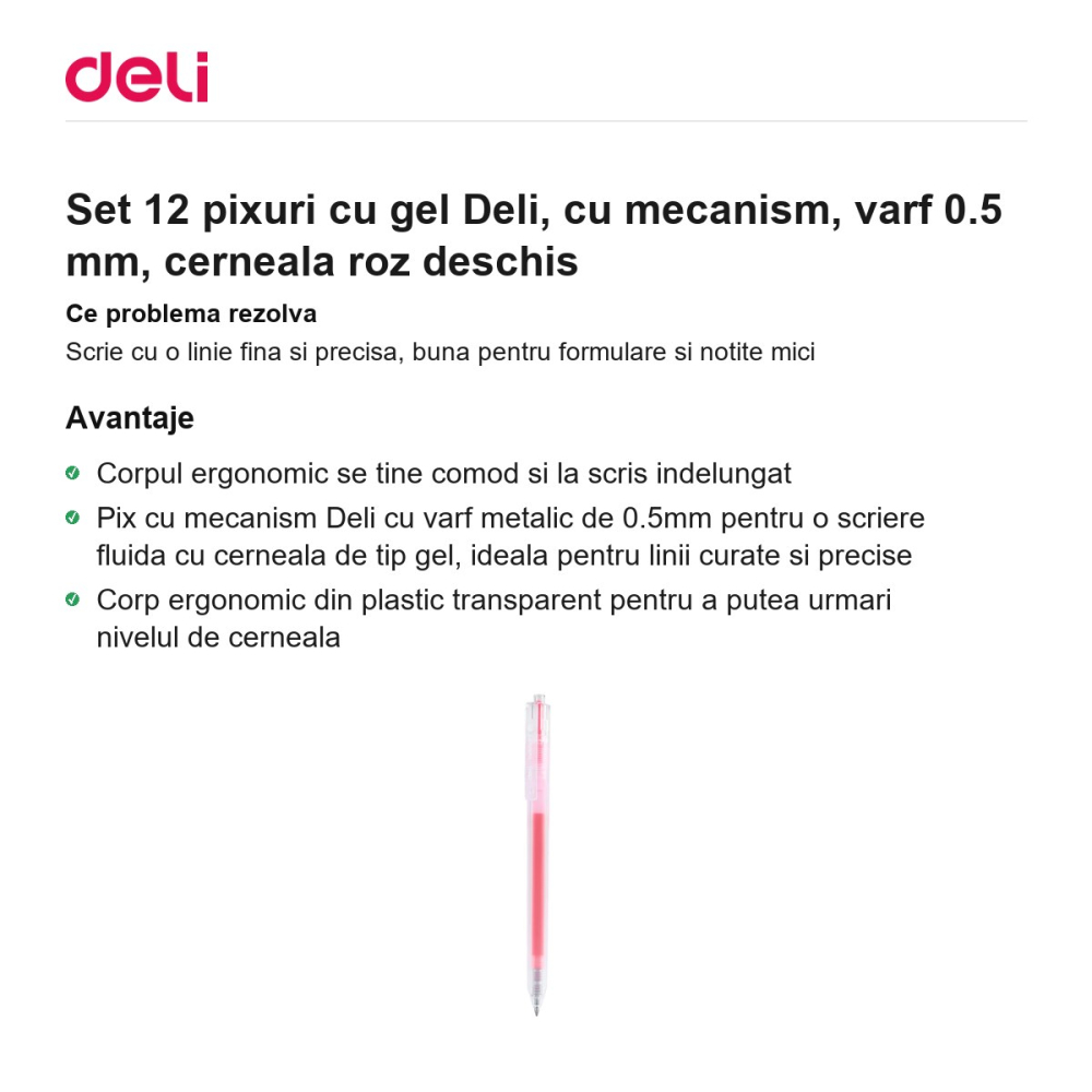 Set 12 pixuri cu gel Deli, cu mecanism, varf 0.5 mm, cerneala roz deschis [2]