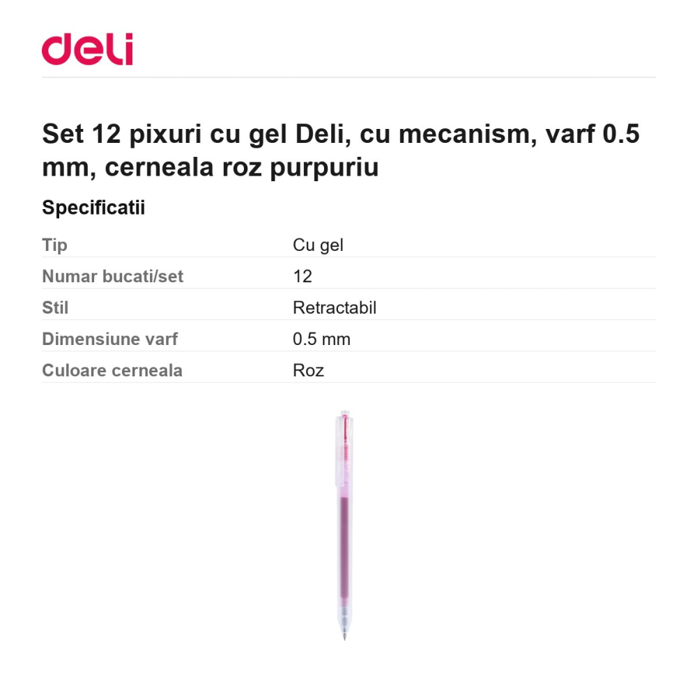 Set 12 pixuri cu gel Deli, cu mecanism, varf 0.5 mm, cerneala roz purpuriu [3]