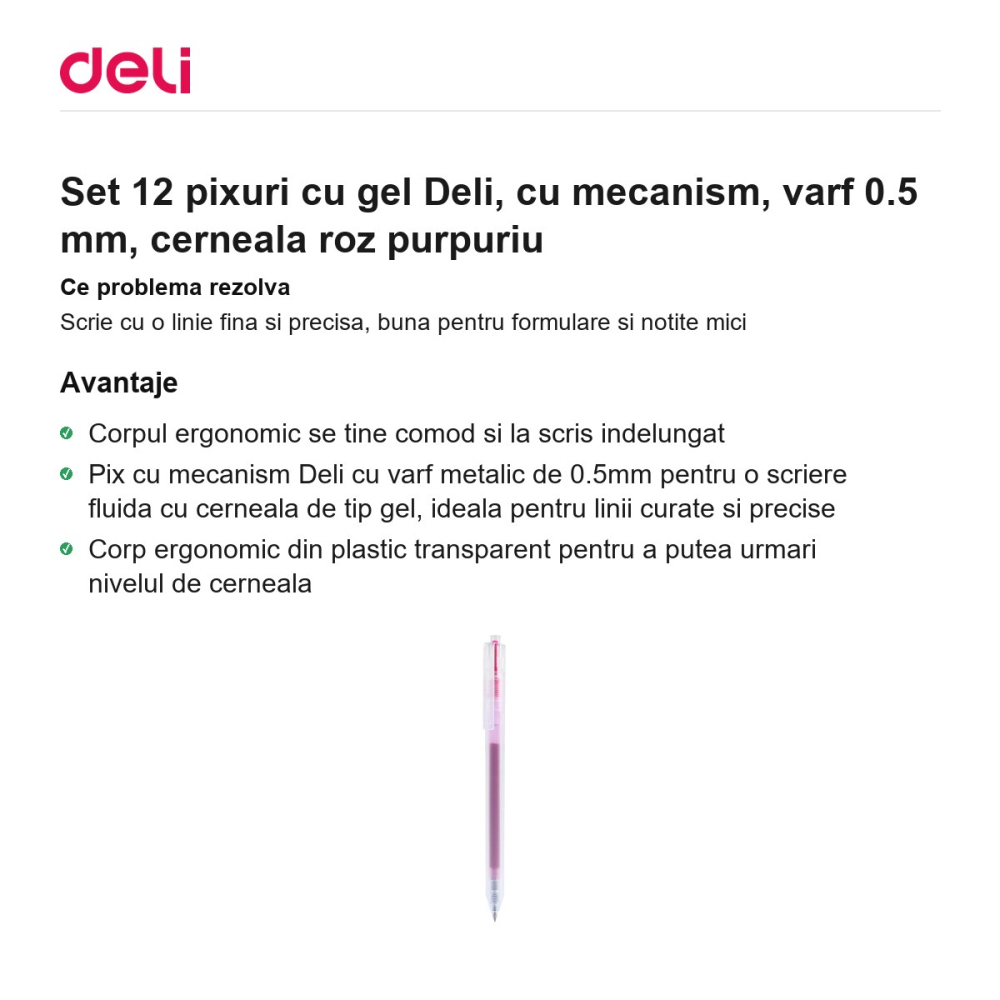 Set 12 pixuri cu gel Deli, cu mecanism, varf 0.5 mm, cerneala roz purpuriu [2]