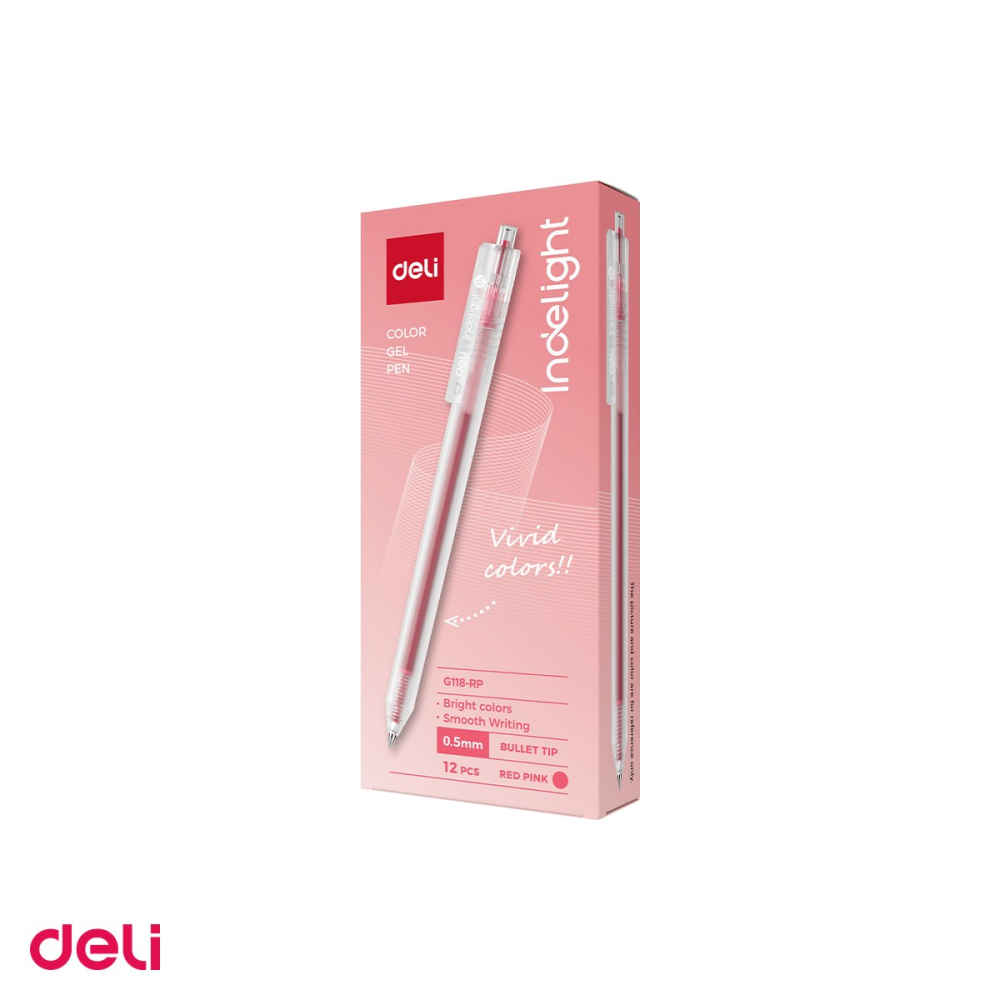 Set 12 pixuri cu gel Deli, cu mecanism, varf 0.5 mm, cerneala roz-rosu [4]