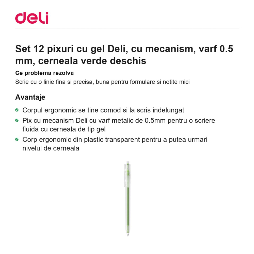 Set 12 pixuri cu gel Deli, cu mecanism, varf 0.5 mm, cerneala verde deschis [2]