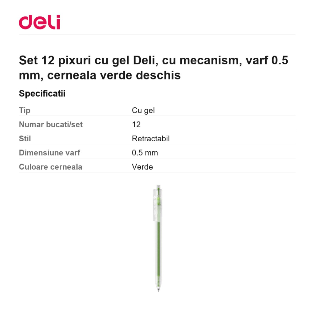 Set 12 pixuri cu gel Deli, cu mecanism, varf 0.5 mm, cerneala verde deschis [3]