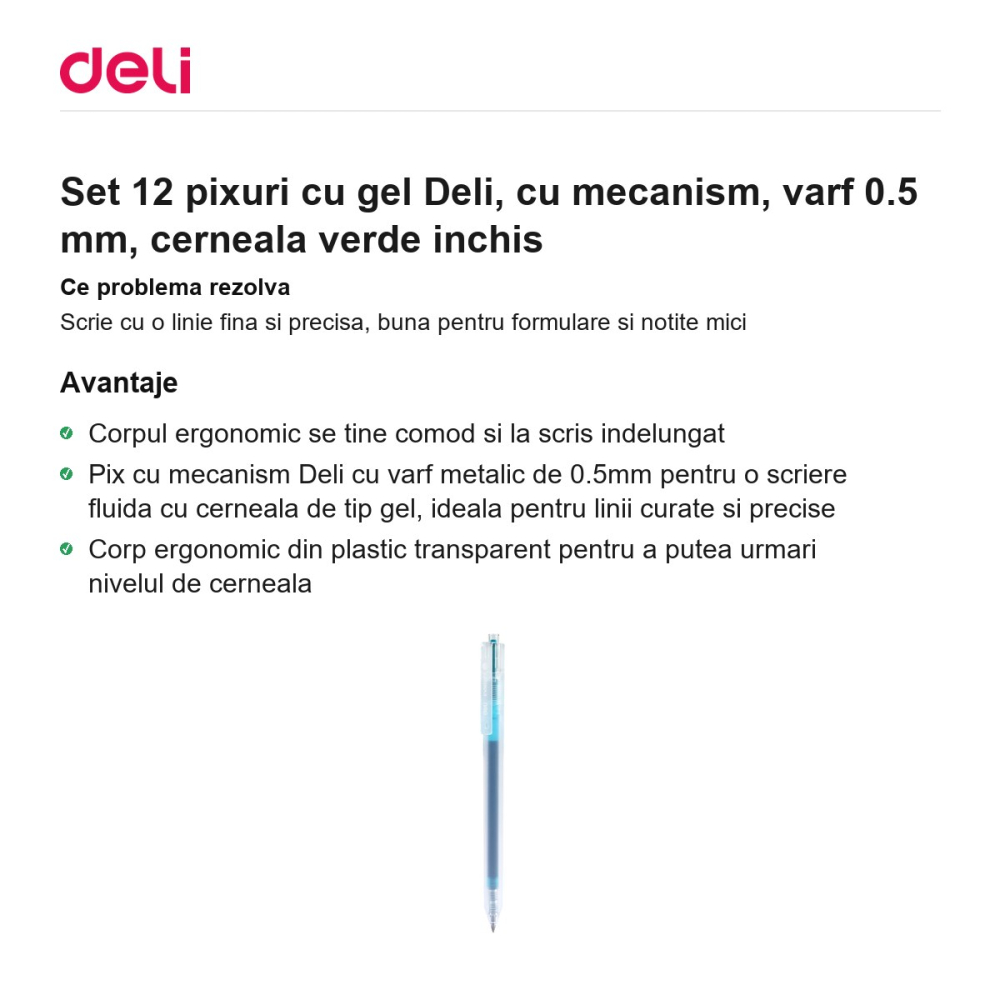 Set 12 pixuri cu gel Deli, cu mecanism, varf 0.5 mm, cerneala verde inchis [2]