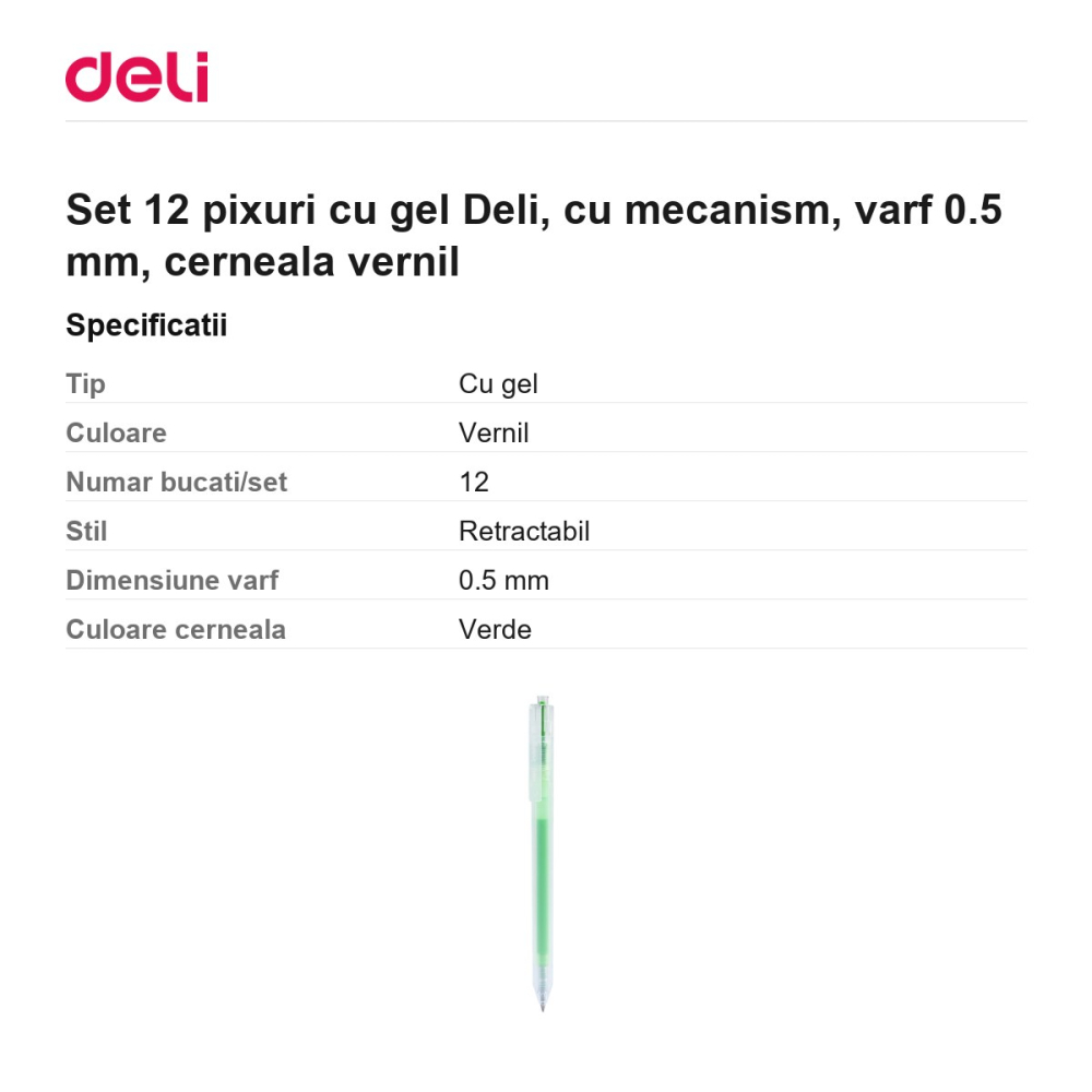 Set 12 pixuri cu gel Deli, cu mecanism, varf 0.5 mm, cerneala vernil [3]