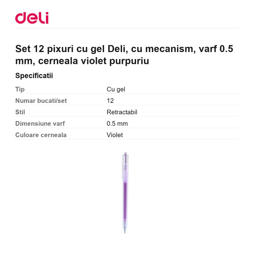 Set 12 pixuri cu gel Deli, cu mecanism, varf 0.5 mm, cerneala violet purpuriu [3]