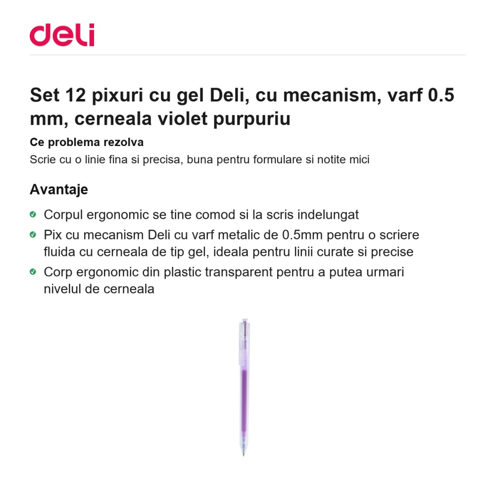 Set 12 pixuri cu gel Deli, cu mecanism, varf 0.5 mm, cerneala violet purpuriu [2]