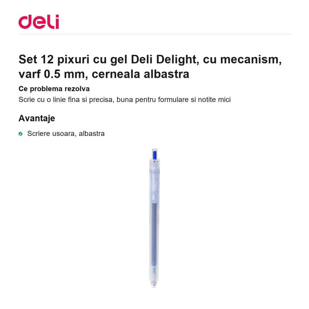 Set 12 pixuri cu gel Deli Delight, cu mecanism, varf 0.5 mm, cerneala albastra [2]