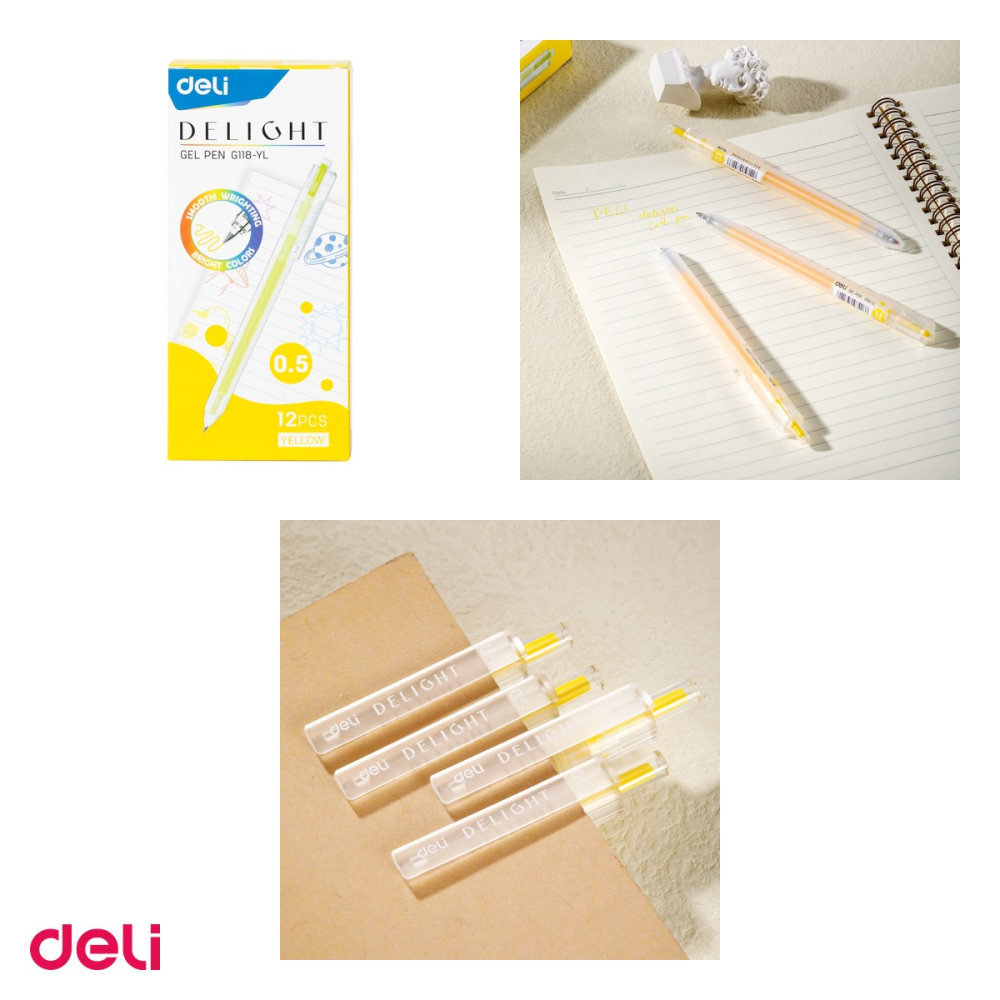 Set 12 pixuri cu gel Deli Delight, cu mecanism, varf 0.5 mm, cerneala galbena [4]