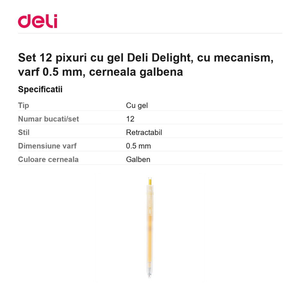 Set 12 pixuri cu gel Deli Delight, cu mecanism, varf 0.5 mm, cerneala galbena [3]