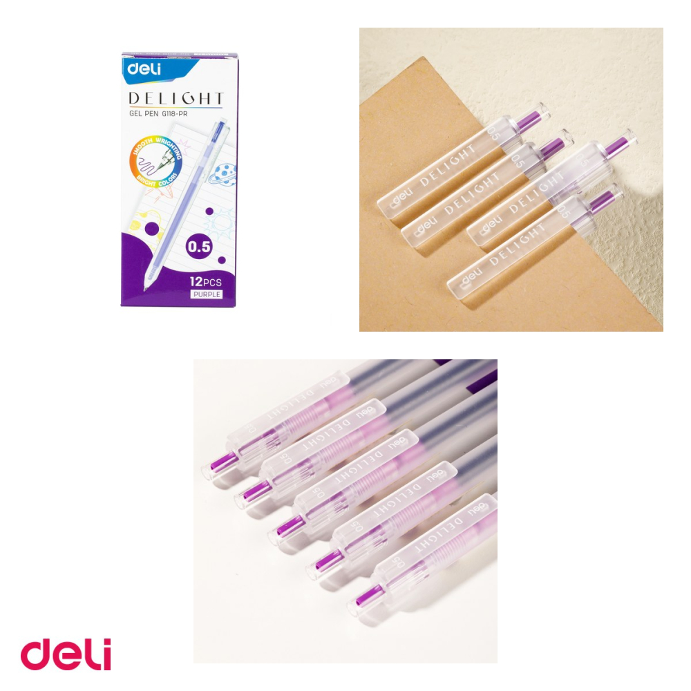 Set 12 pixuri cu gel Deli Delight, cu mecanism, varf 0.5 mm, cerneala mov [4]