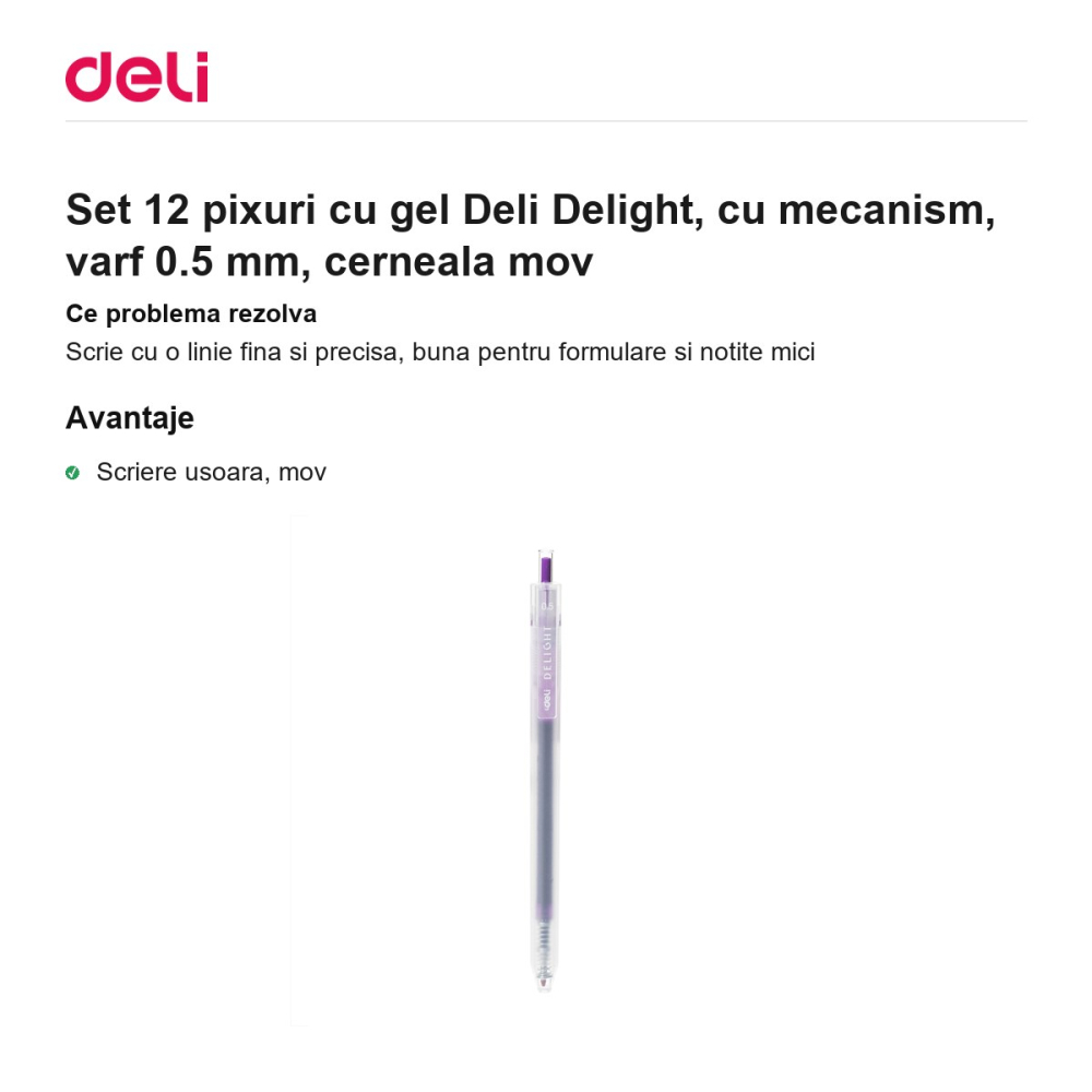 Set 12 pixuri cu gel Deli Delight, cu mecanism, varf 0.5 mm, cerneala mov [2]