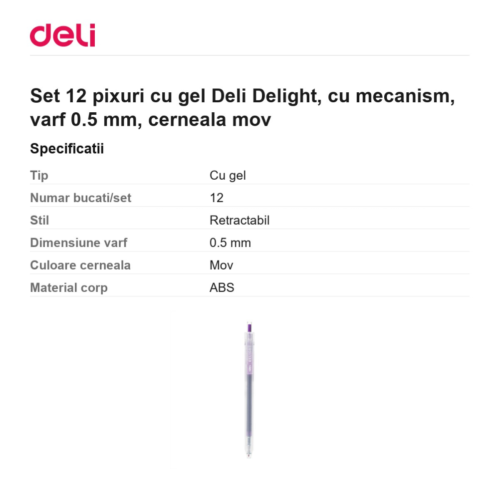 Set 12 pixuri cu gel Deli Delight, cu mecanism, varf 0.5 mm, cerneala mov [3]
