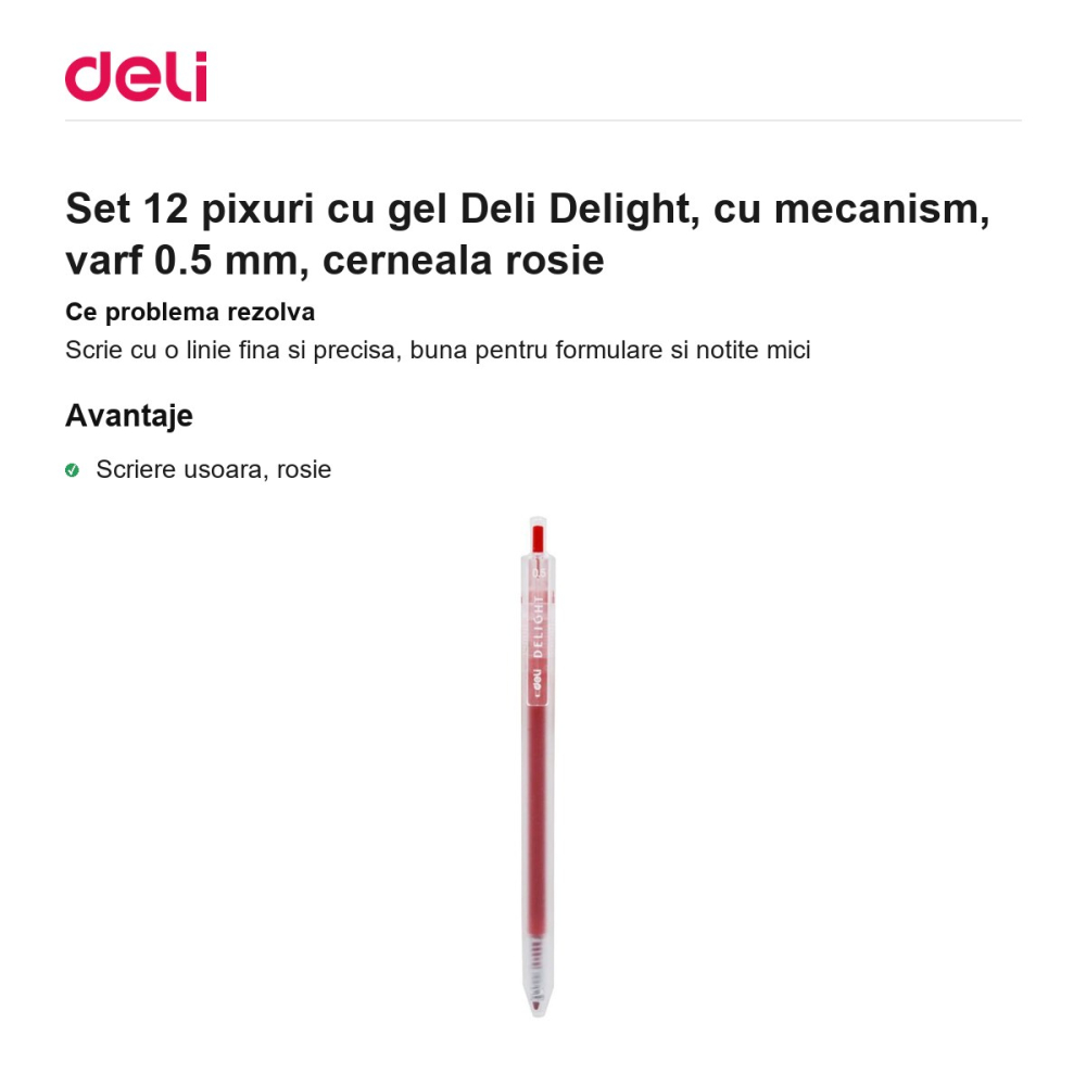 Set 12 pixuri cu gel Deli Delight, cu mecanism, varf 0.5 mm, cerneala rosie [2]