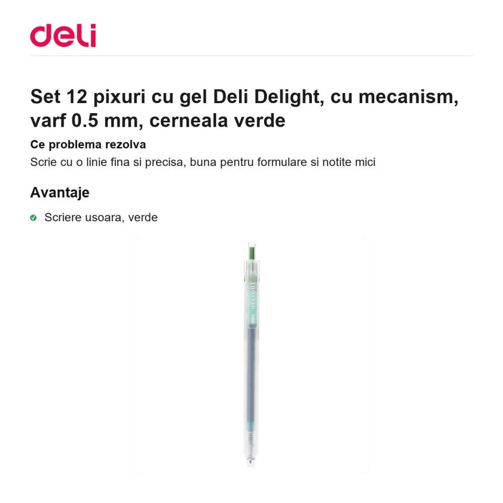 Set 12 pixuri cu gel Deli Delight, cu mecanism, varf 0.5 mm, cerneala verde [2]