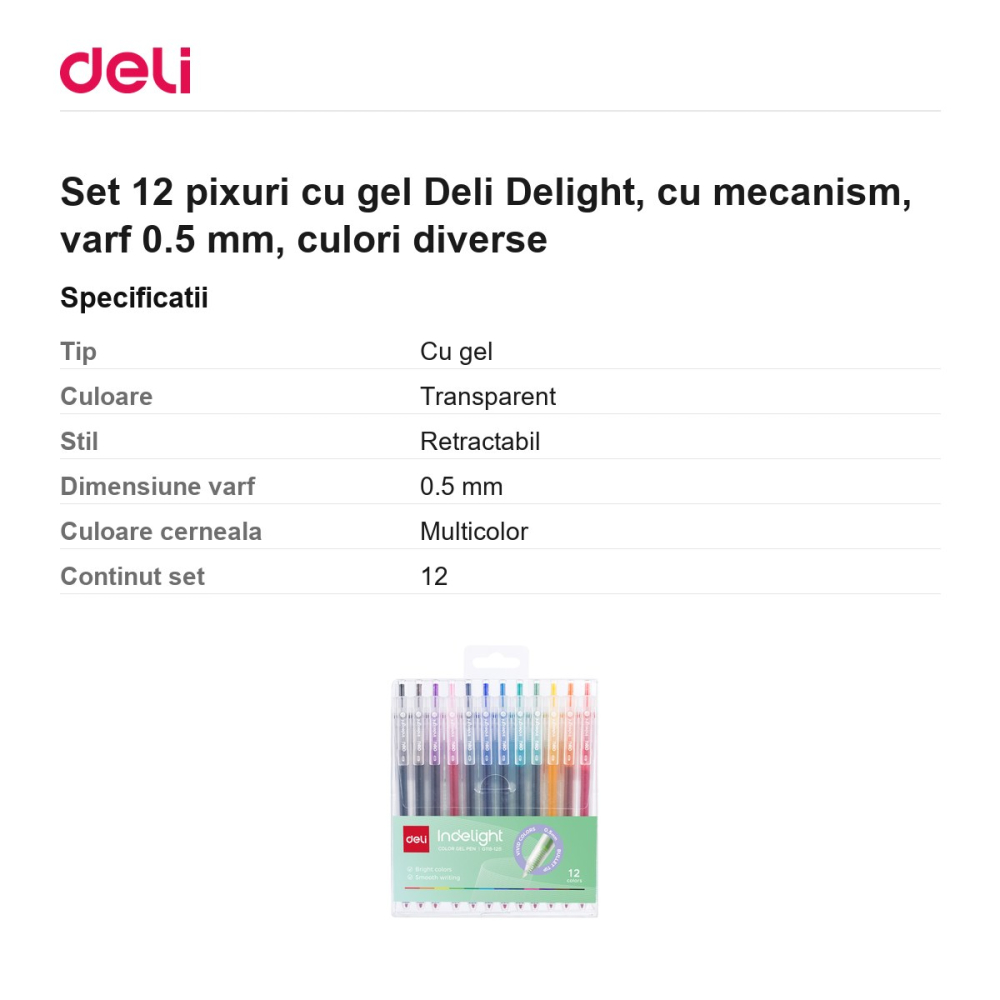 Set 12 pixuri cu gel Deli Delight, cu mecanism, varf 0.5 mm, culori diverse [3]