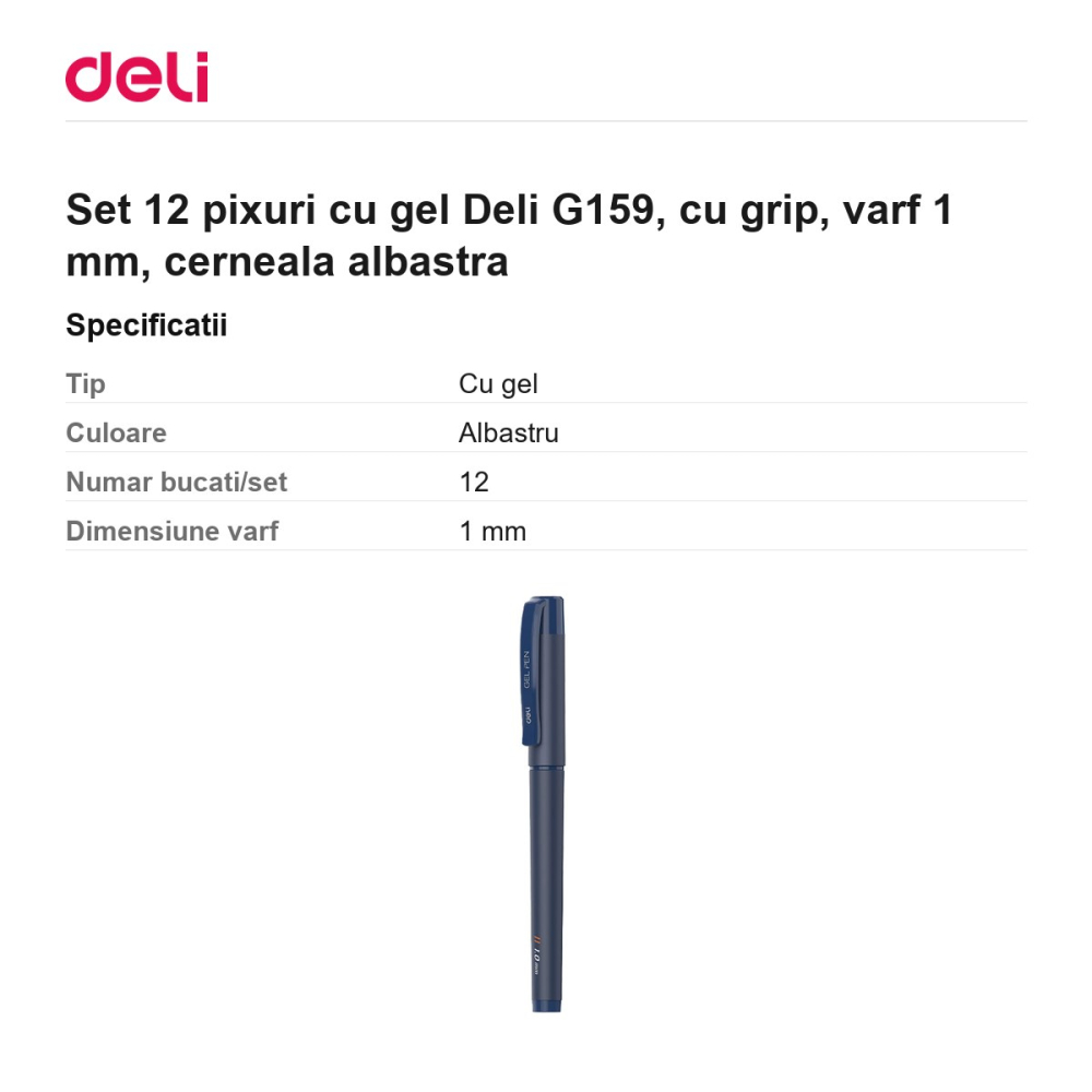 Set 12 pixuri cu gel Deli G159, cu grip, varf 1 mm, cerneala albastra [3]