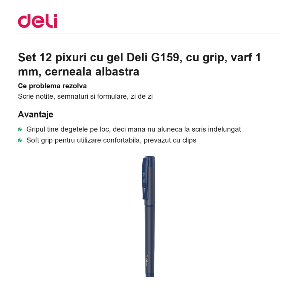 Set 12 pixuri cu gel Deli G159, cu grip, varf 1 mm, cerneala albastra [2]