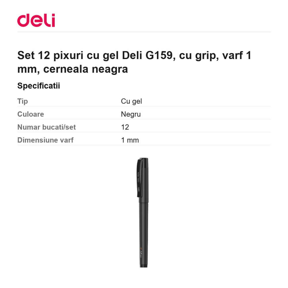 Set 12 pixuri cu gel Deli G159, cu grip, varf 1 mm, cerneala neagra [3]