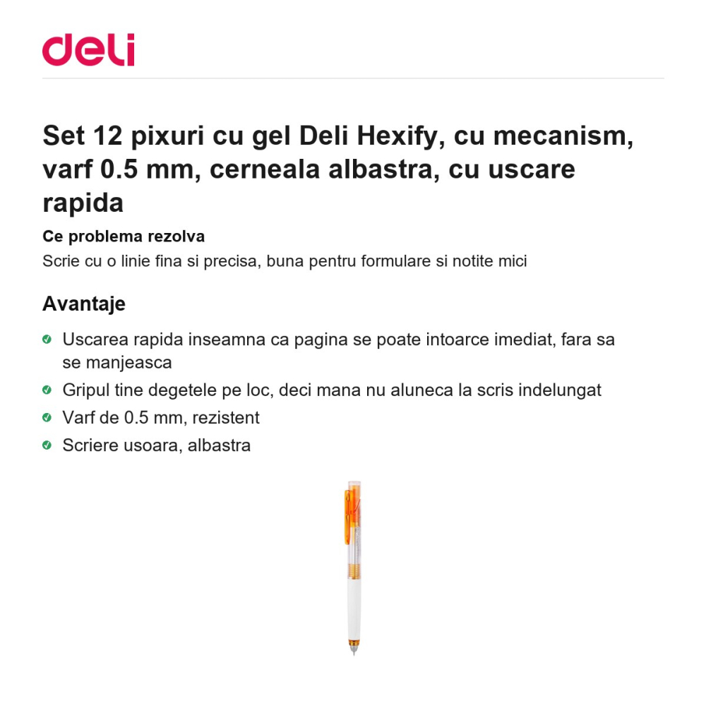 Set 12 pixuri cu gel Deli Hexify, cu mecanism, varf 0.5 mm, cerneala albastra, cu uscare rapida [2]
