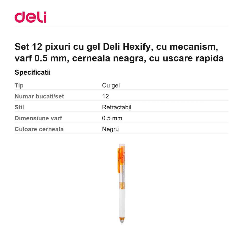 Set 12 pixuri cu gel Deli Hexify, cu mecanism, varf 0.5 mm, cerneala neagra, cu uscare rapida [3]
