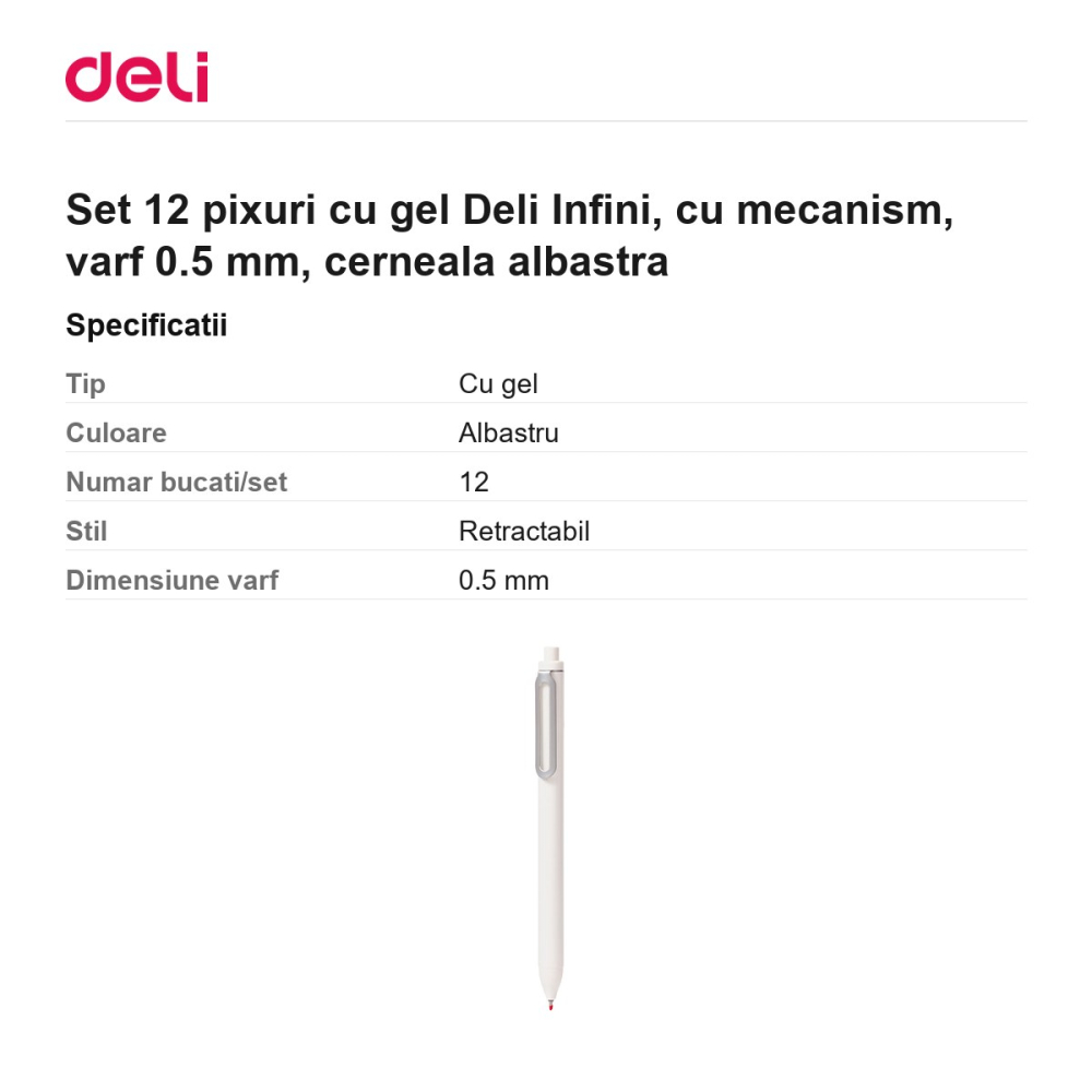 Set 12 pixuri cu gel Deli Infini, cu mecanism, varf 0.5 mm, cerneala albastra [3]