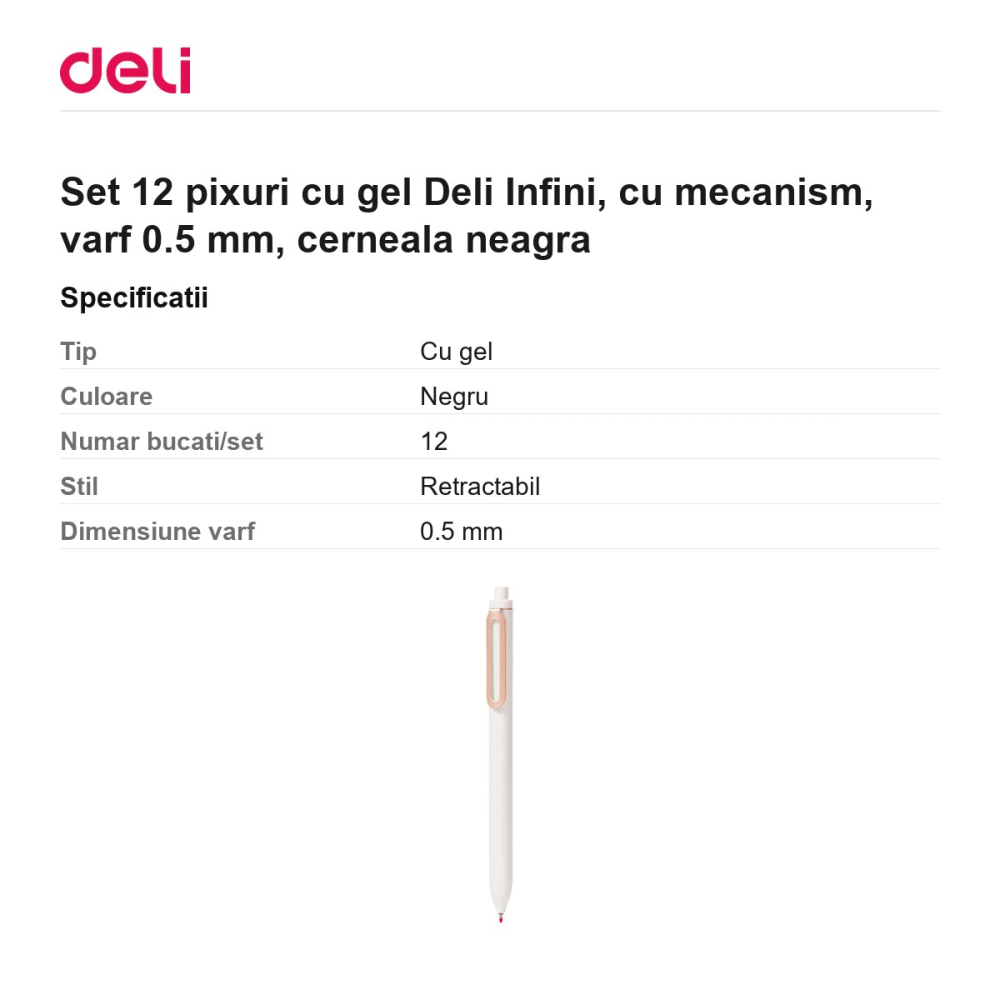 Set 12 pixuri cu gel Deli Infini, cu mecanism, varf 0.5 mm, cerneala neagra [3]