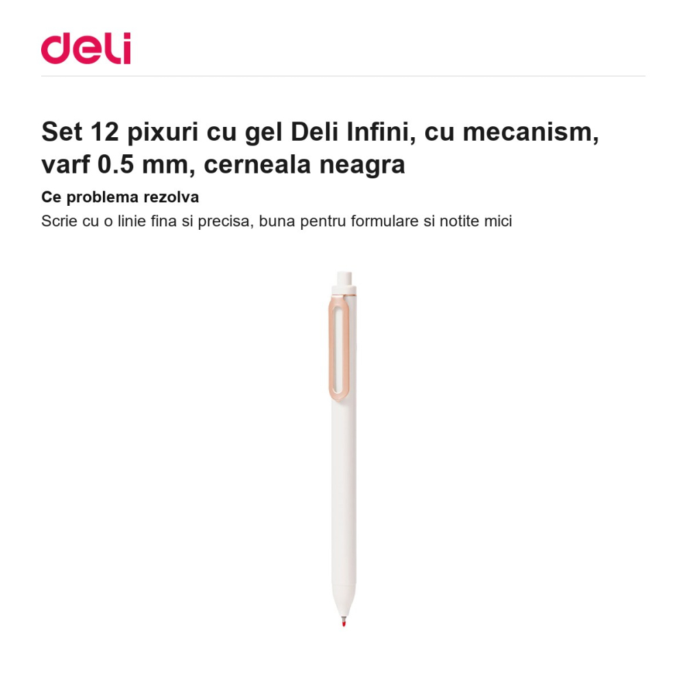 Set 12 pixuri cu gel Deli Infini, cu mecanism, varf 0.5 mm, cerneala neagra [2]