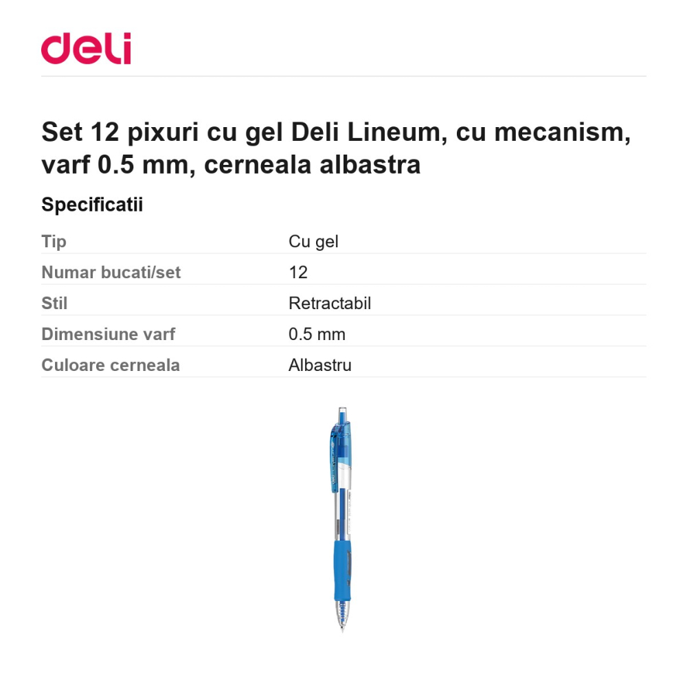 Set 12 pixuri cu gel Deli Lineum, cu mecanism, varf 0.5 mm, cerneala albastra [3]