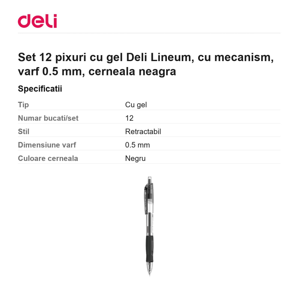 Set 12 pixuri cu gel Deli Lineum, cu mecanism, varf 0.5 mm, cerneala neagra [3]