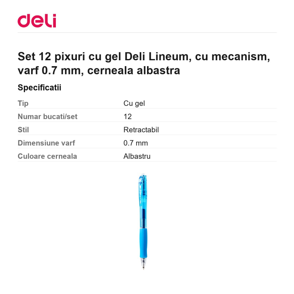 Set 12 pixuri cu gel Deli Lineum, cu mecanism, varf 0.7 mm, cerneala albastra [3]