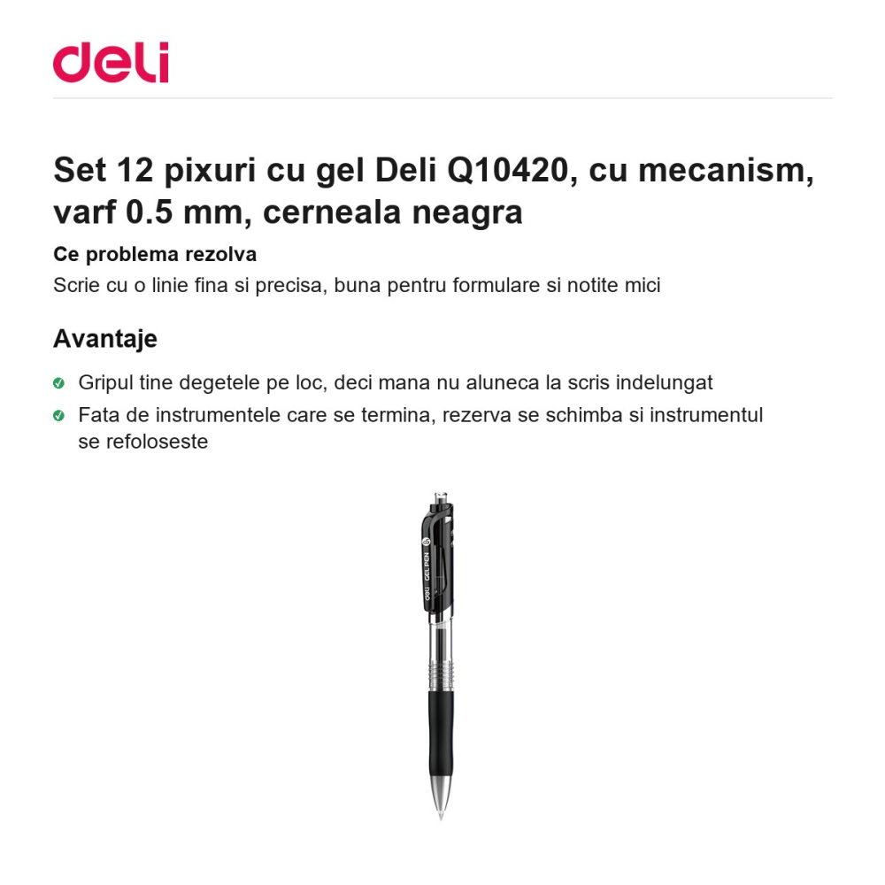 Set 12 pixuri cu gel Deli Q10420, cu mecanism, varf 0.5 mm, cerneala neagra [2]