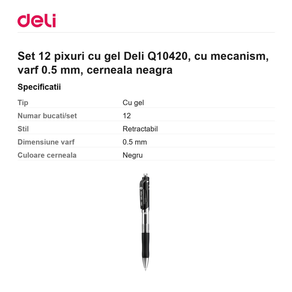 Set 12 pixuri cu gel Deli Q10420, cu mecanism, varf 0.5 mm, cerneala neagra [3]