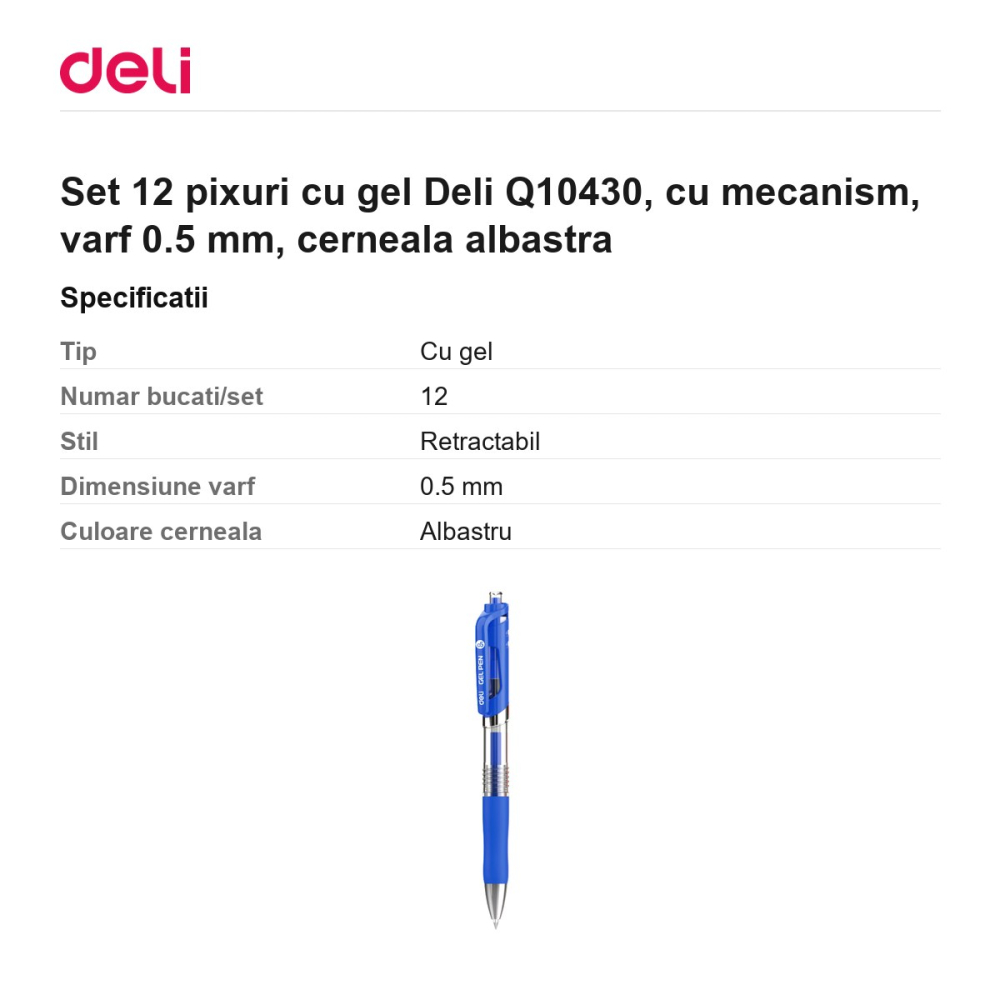 Set 12 pixuri cu gel Deli Q10430, cu mecanism, varf 0.5 mm, cerneala albastra [3]