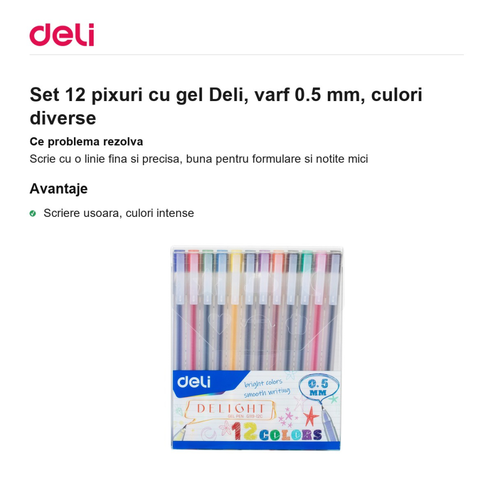 Set 12 pixuri cu gel Deli, varf 0.5 mm, culori diverse [2]