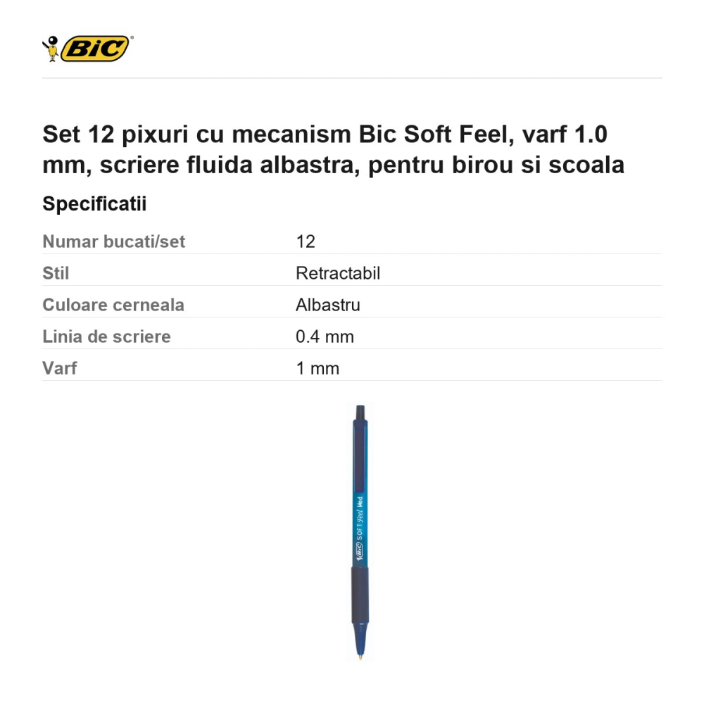 Set 12 pixuri cu mecanism Bic Soft Feel, varf 1.0 mm, scriere fluida albastra, pentru birou si scoala [3]