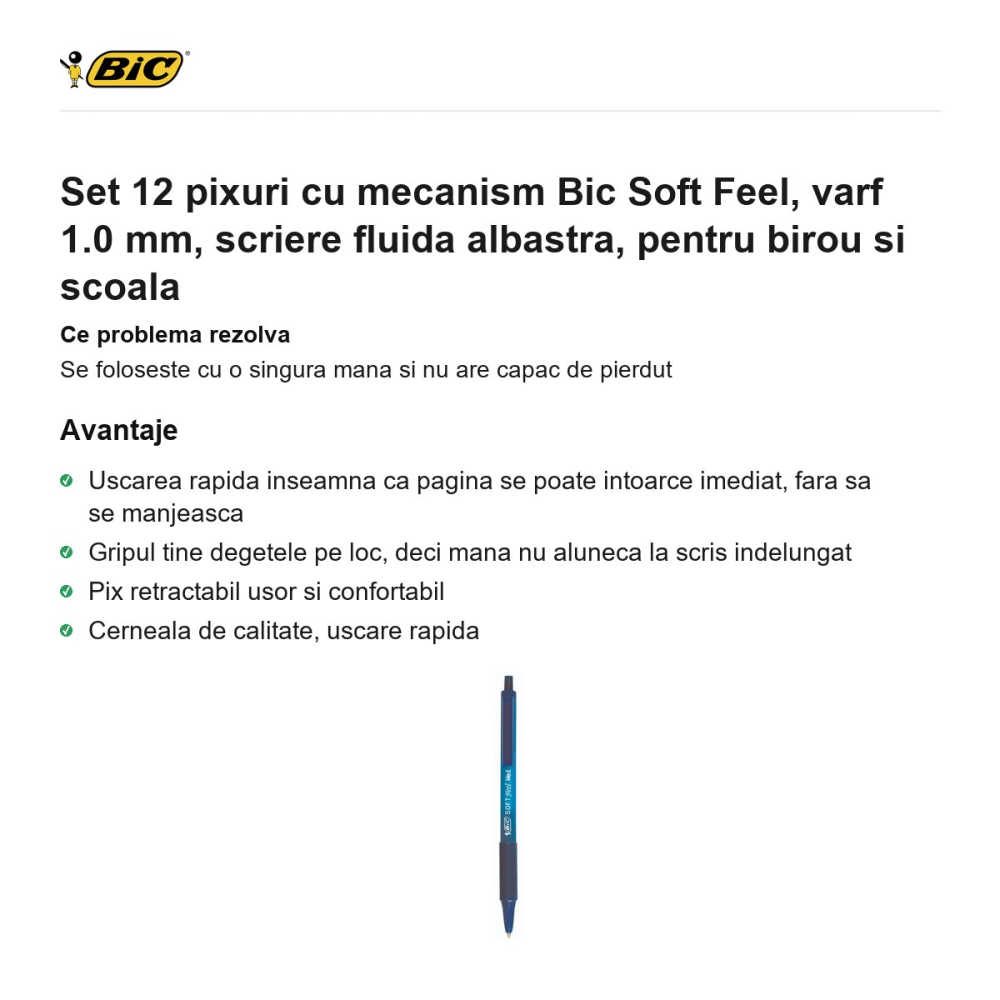 Set 12 pixuri cu mecanism Bic Soft Feel, varf 1.0 mm, scriere fluida albastra, pentru birou si scoala [2]