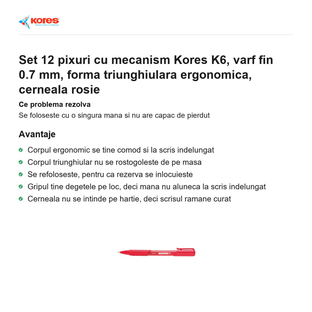 Set 12 pixuri cu mecanism Kores K6, varf fin 0.7 mm, forma triunghiulara ergonomica, cerneala rosie [2]