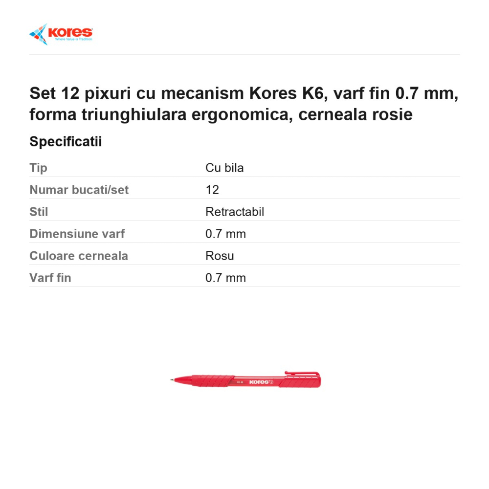 Set 12 pixuri cu mecanism Kores K6, varf fin 0.7 mm, forma triunghiulara ergonomica, cerneala rosie [3]