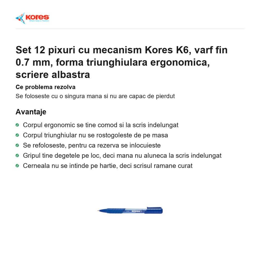 Set 12 pixuri cu mecanism Kores K6, varf fin 0.7 mm, forma triunghiulara ergonomica, scriere albastra [2]