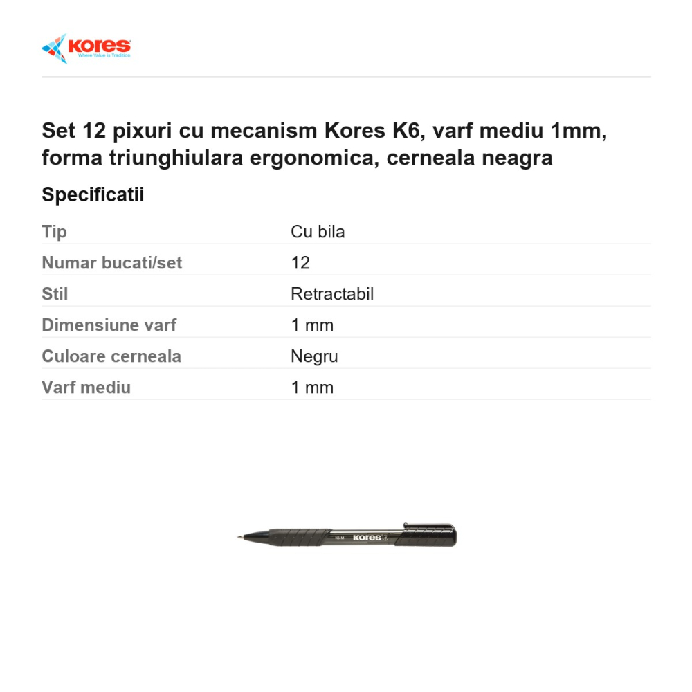 Set 12 pixuri cu mecanism Kores K6, varf mediu 1mm, forma triunghiulara ergonomica, cerneala neagra [3]
