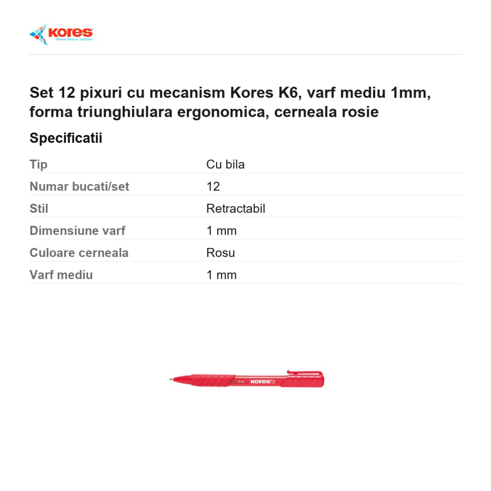 Set 12 pixuri cu mecanism Kores K6, varf mediu 1mm, forma triunghiulara ergonomica, cerneala rosie [3]