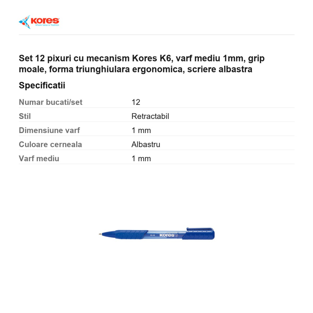 Set 12 pixuri cu mecanism Kores K6, varf mediu 1mm, grip moale, forma triunghiulara ergonomica, scriere albastra [3]