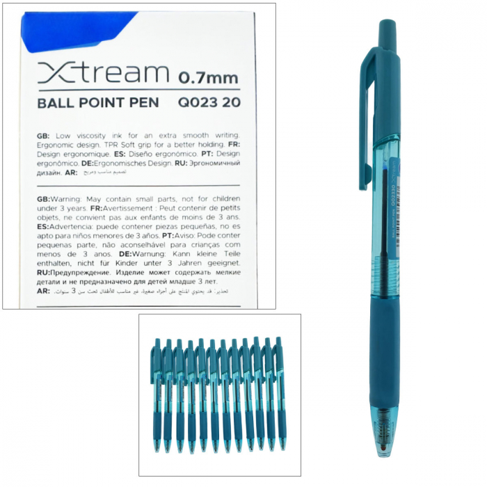 Set 12 pixuri cu mecanism si varf de 0.7mm, Soft Grip, cerneala albastra, design ergonomic, X-tream 37090, scriere lina, fara scurgeri [4]
