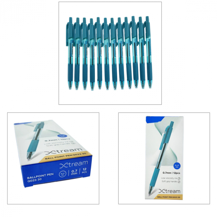 Set 12 pixuri cu mecanism si varf de 0.7mm, Soft Grip, cerneala albastra, design ergonomic, X-tream 37090, scriere lina, fara scurgeri [5]