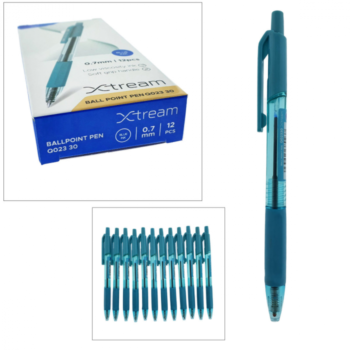 Set 12 pixuri cu mecanism si varf de 0.7mm, Soft Grip, cerneala albastra, design ergonomic, X-tream 37090, scriere lina, fara scurgeri [3]