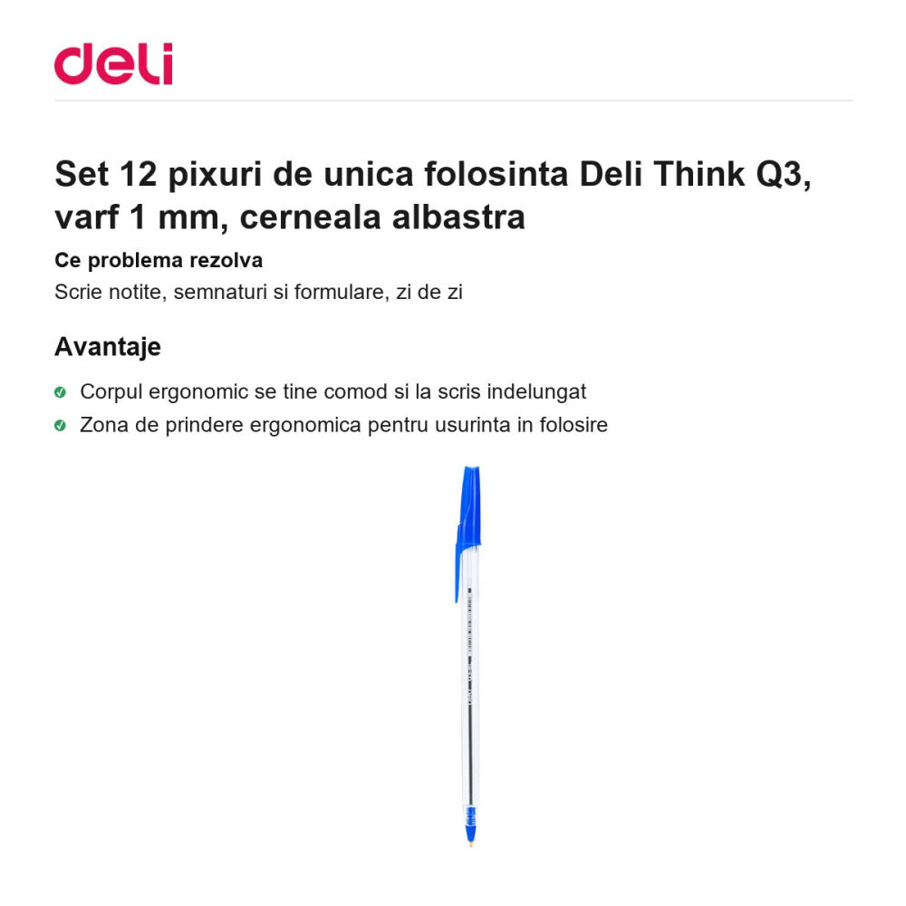 Set 12 pixuri de unica folosinta Deli Think Q3, varf 1 mm, cerneala albastra [2]
