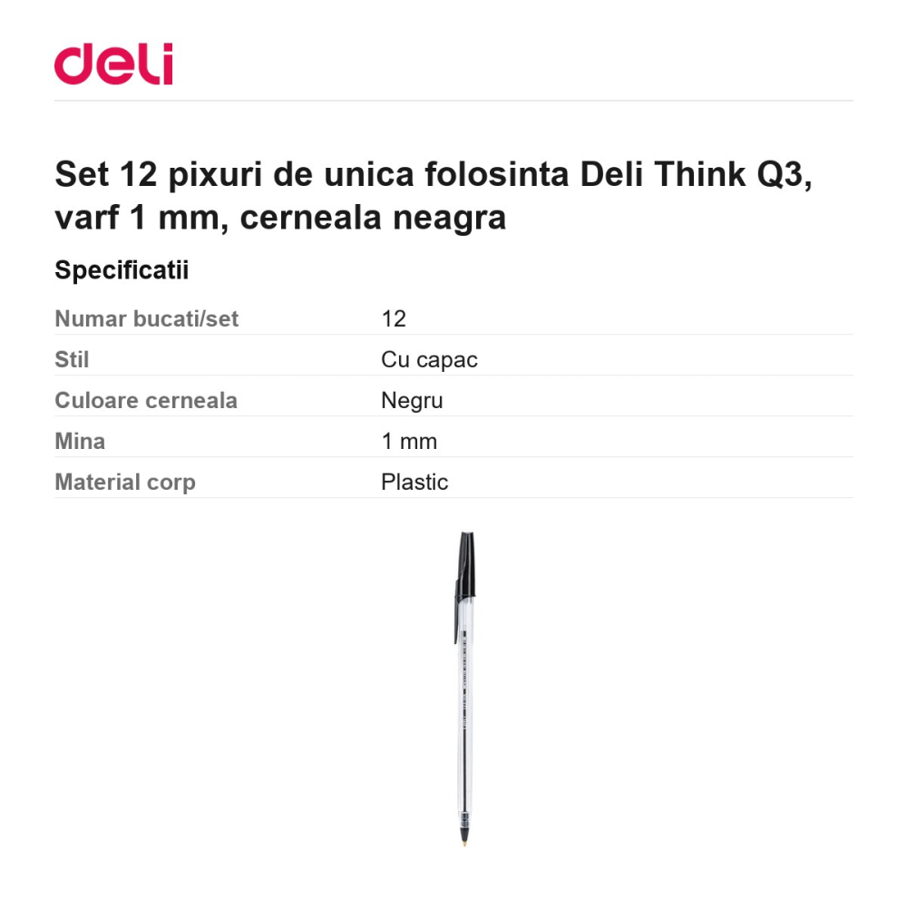 Set 12 pixuri de unica folosinta Deli Think Q3, varf 1 mm, cerneala neagra [3]
