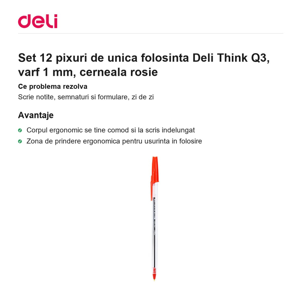 Set 12 pixuri de unica folosinta Deli Think Q3, varf 1 mm, cerneala rosie [2]